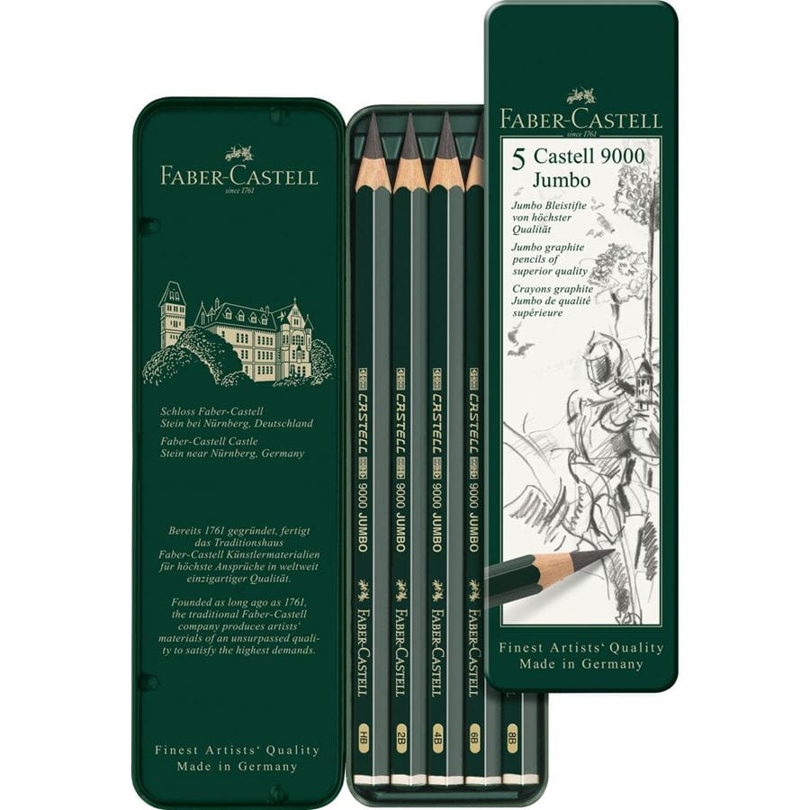Faber-Castell - Crayons graphite Castell 9000 Jumbo, boîte métal de 5