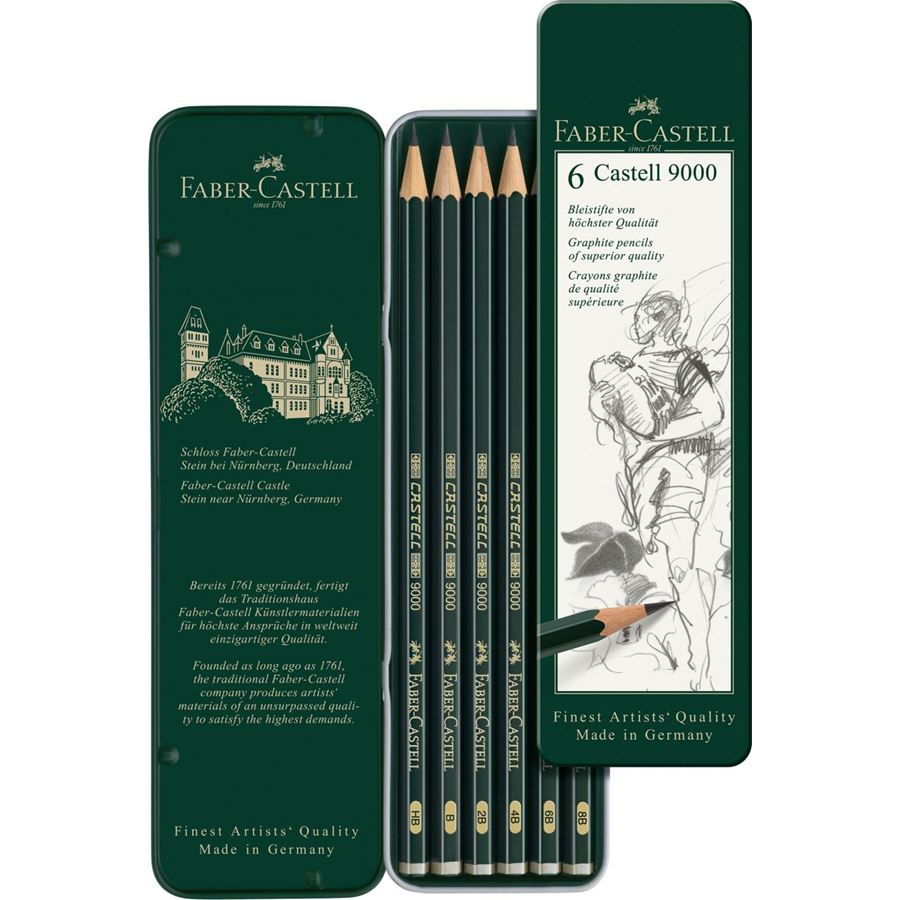 Faber-Castell - Crayons graphite Castell 9000, boîte métal de 6
