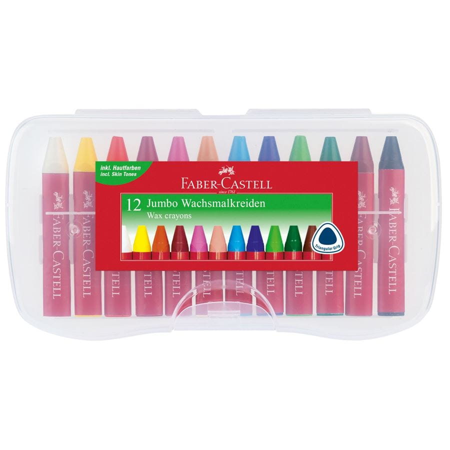Faber-Castell - Jumbo wax crayon triangular, plastic box of 12