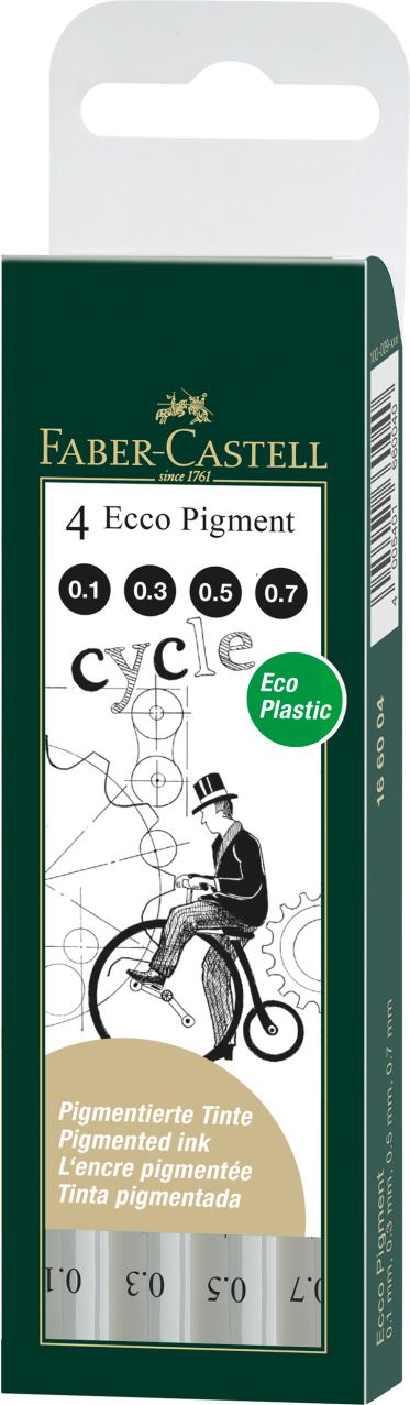 Faber-Castell - Feutres fins Ecco Pigment, boîte de 4, noir, 0.1/0.3/0.5/0.7