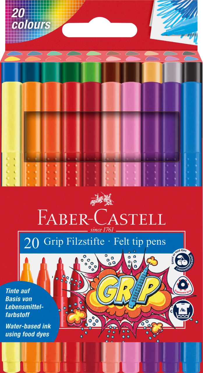 Faber-Castell - Grip felt tip pen, plastic wallet of 20