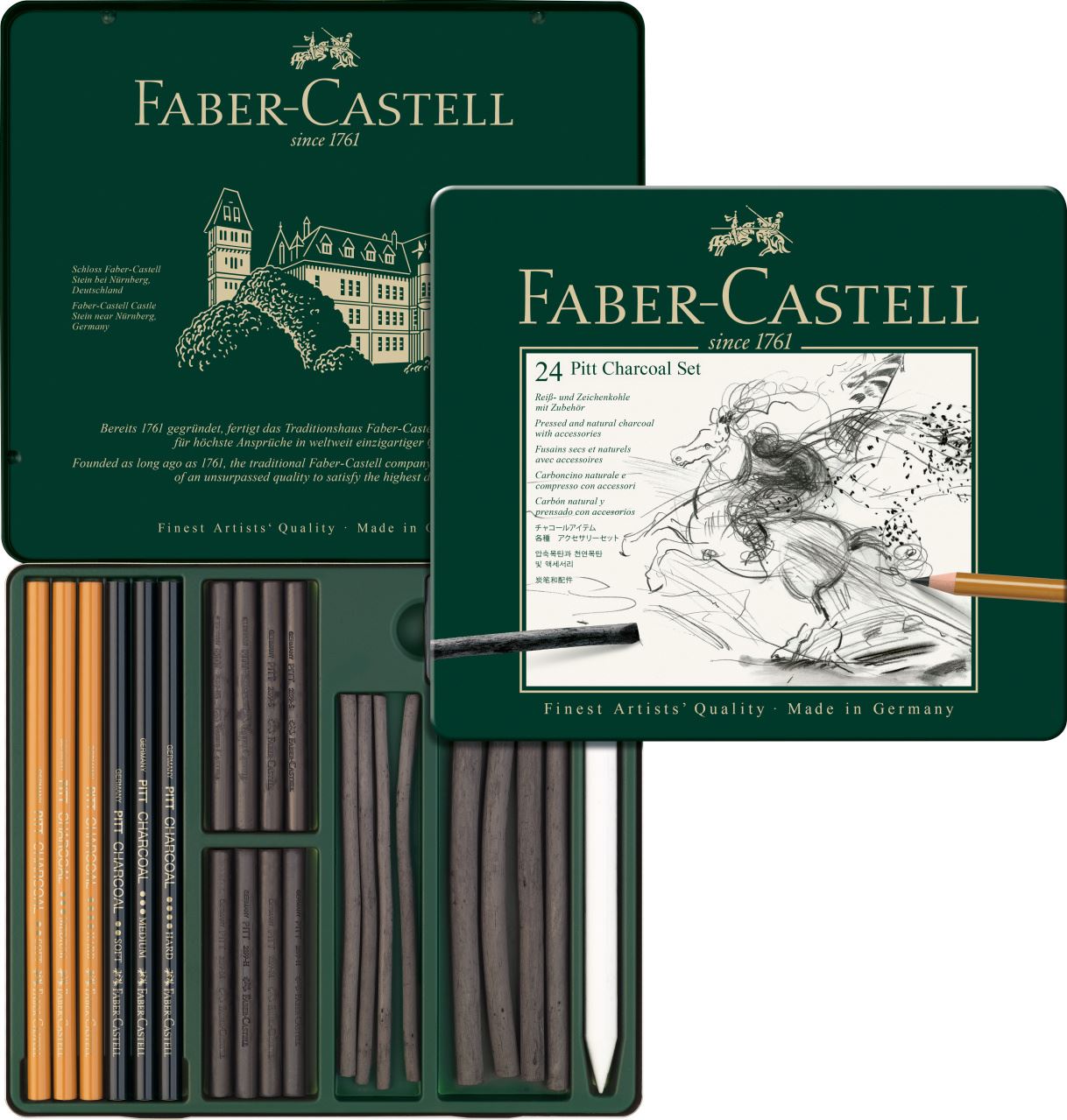 Faber-Castell - Set de fusains Pitt Charcoal, boîte métal de 24 pièces