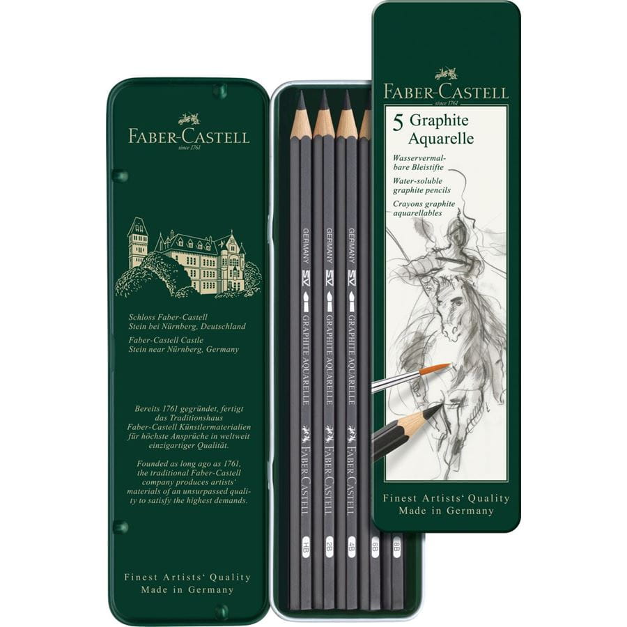 Faber-Castell - Crayons Graphite Aquarelle, boîte métal de 5, HB/2B/4B/6B/8B