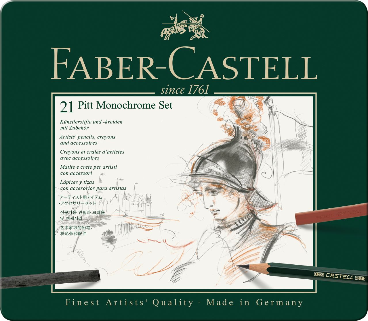 Faber-Castell - Set de crayons Pitt Monochrome, boîte métal de 21 pièces