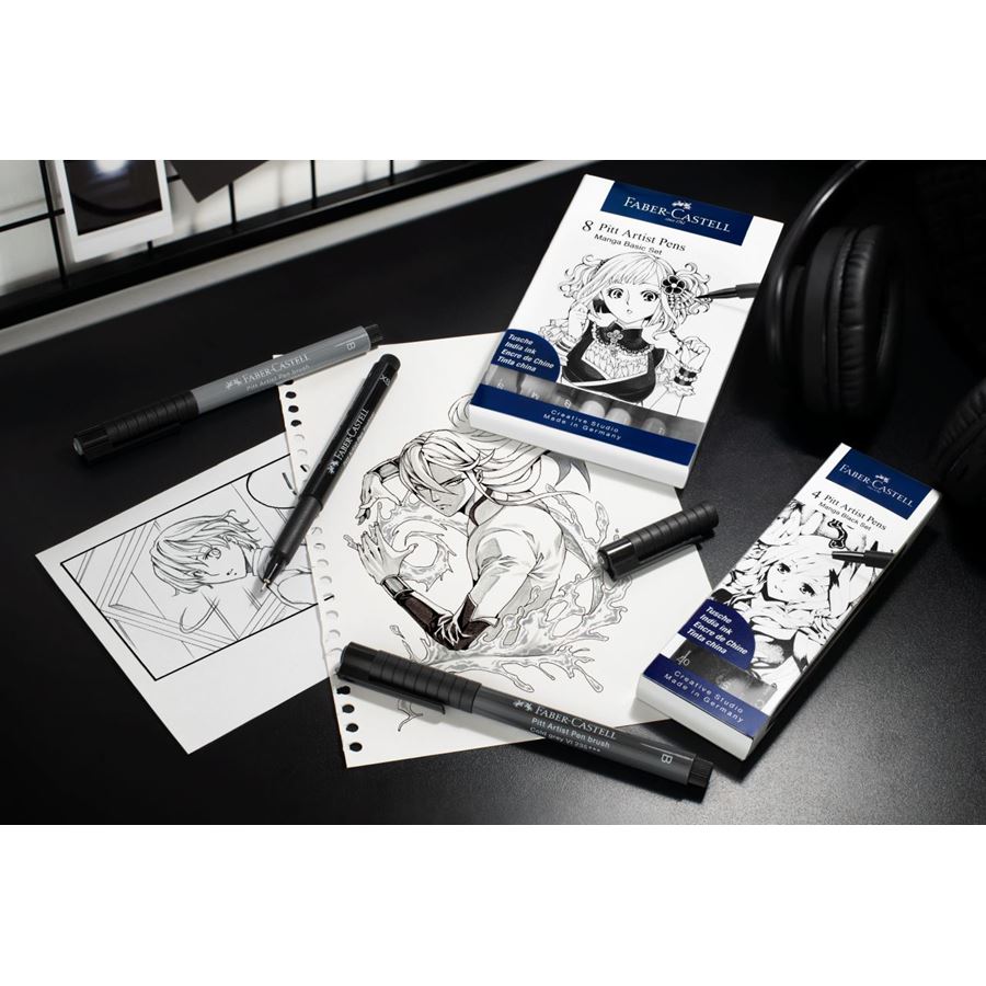 Faber-Castell - Feutre Pitt Artist Pen, boîte de 4, Manga black, XS/S/F/B