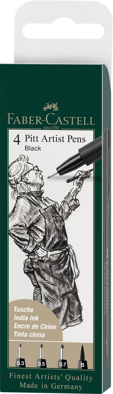 Faber-Castell - Feutre Pitt Artist Pen, boîte de 4, noir, S/F/M/B