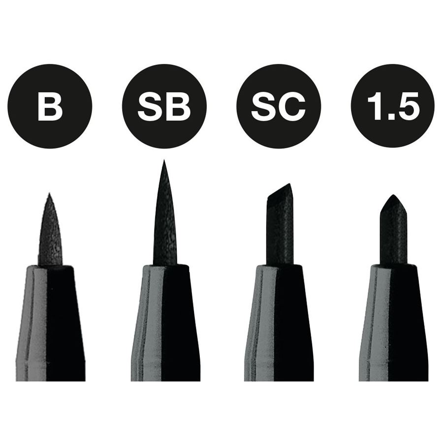 Faber-Castell - Feutre Pitt Artist Pen, boîte de 4, noir, B/SB/SC/1.5